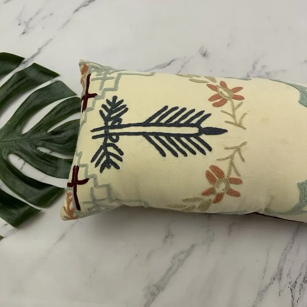 Anthropologie Embroidered Lumbar Decorative Pillow Pink Blue Boho Floral Long